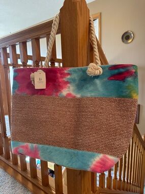 Fadivo Tie-Dye Rope Handle Straw Beach Tote - Pink, Teal, Tan